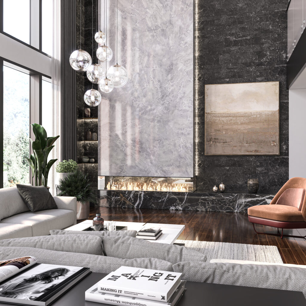 Luxury living room showcasing natural stone trends 2024 with elegant marble wall cladding, a modern fireplace, and sophisticated interior design.