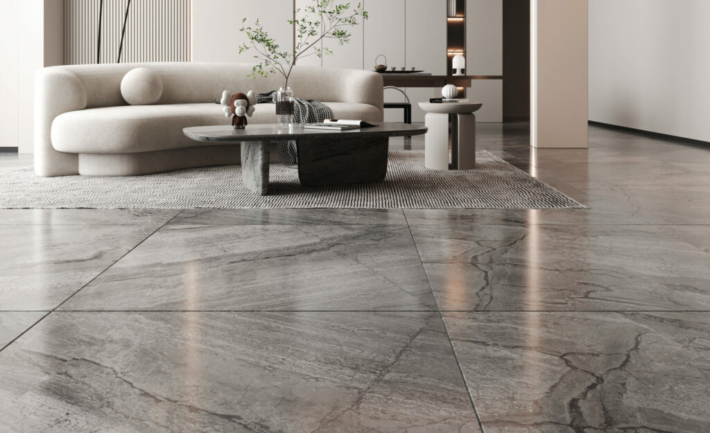 Modern living room featuring cut-to-size natural stone flooring in Glory Dolomite, complemented by a matching stone coffee table for a sleek and elegant design.