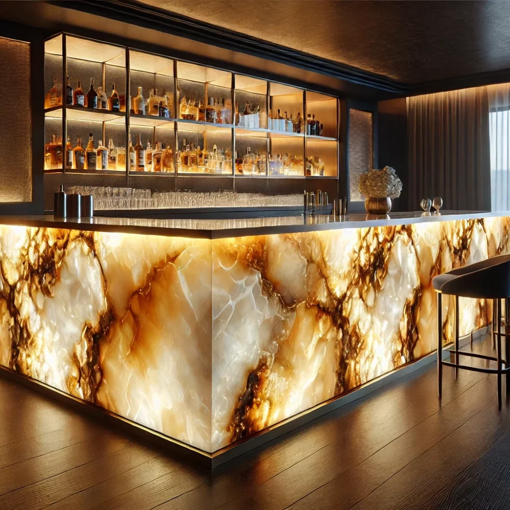 DALL·E 2024-12-17 12.30.27 - A 3D render of a luxurious bar counter made from natural onyx stone with a glowing backlight that highlights the translucent golden-brown and amber hu